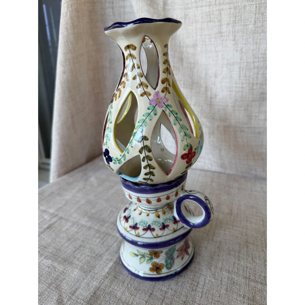 Brilho e Arte Candle Holder Portugal Ceramic Blue Floral Vintage Excellent